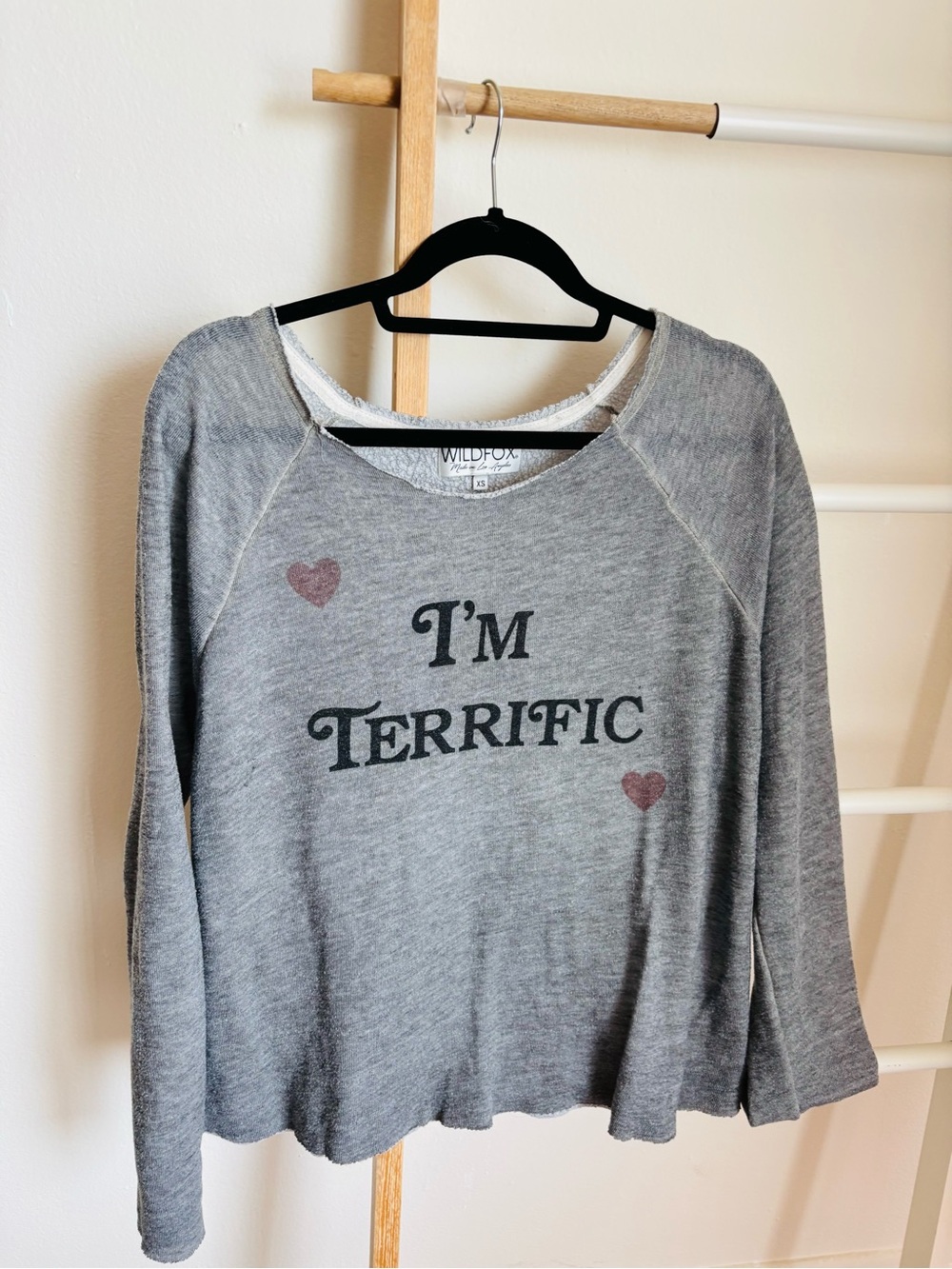Wildfox Gray 'I'm Terrific' Pullover with Pink Hearts